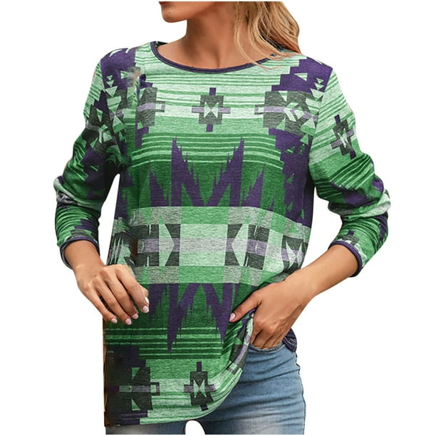 Top de manga larga con estampado étnico de cuello redondo para mujer de primavera y otoño Pompotops FGAJ5537