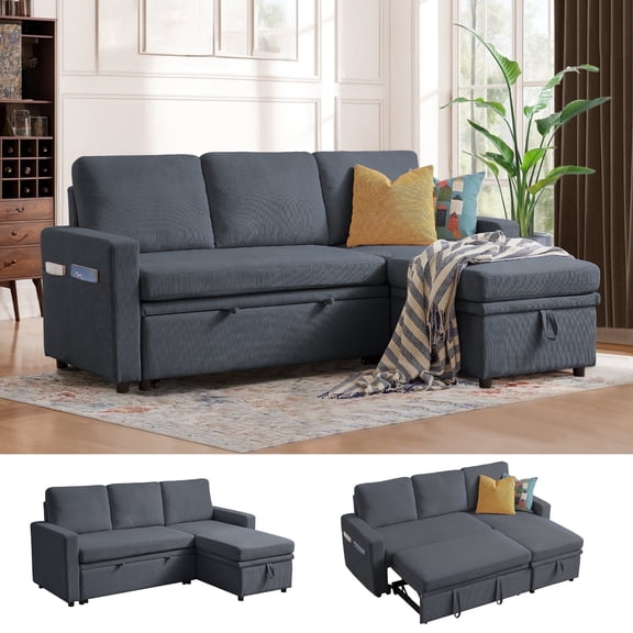 Soscana Sectional Sofa with Reversible Storage Chaise,Sleeper Sofa Couch Pull Out Bed 2 in 1,3 Seat L Shaped Sectionals with Side Pockets for Living Room Apartment Office Studio,Dark Gray