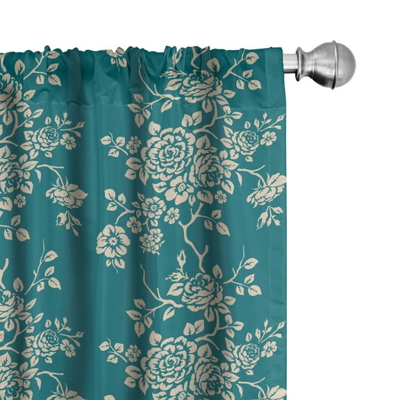 Ambesonne Leaf Curtains, Roses on Blossoming Branches, Pair of 28"x95", Teal Beige