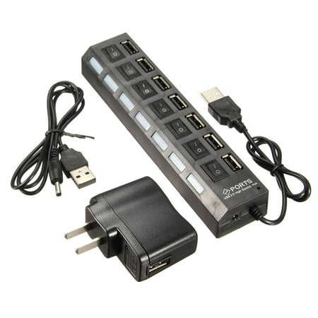- 7-Port Super High Speed USB 2.0 Hub Splitter + 5V 2A AC Power Adapter Chord ON/OFF Switch Fast Charger For PC Laptop Mulitple Devices LED indicator lights