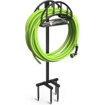 Garden Hose Holder - Upgraded Metal Reel With Tool Storage Basket, Heavy Duty Freestanding Water Hose Holder Holds 150ft, Detachable Storage Hanger for Outside