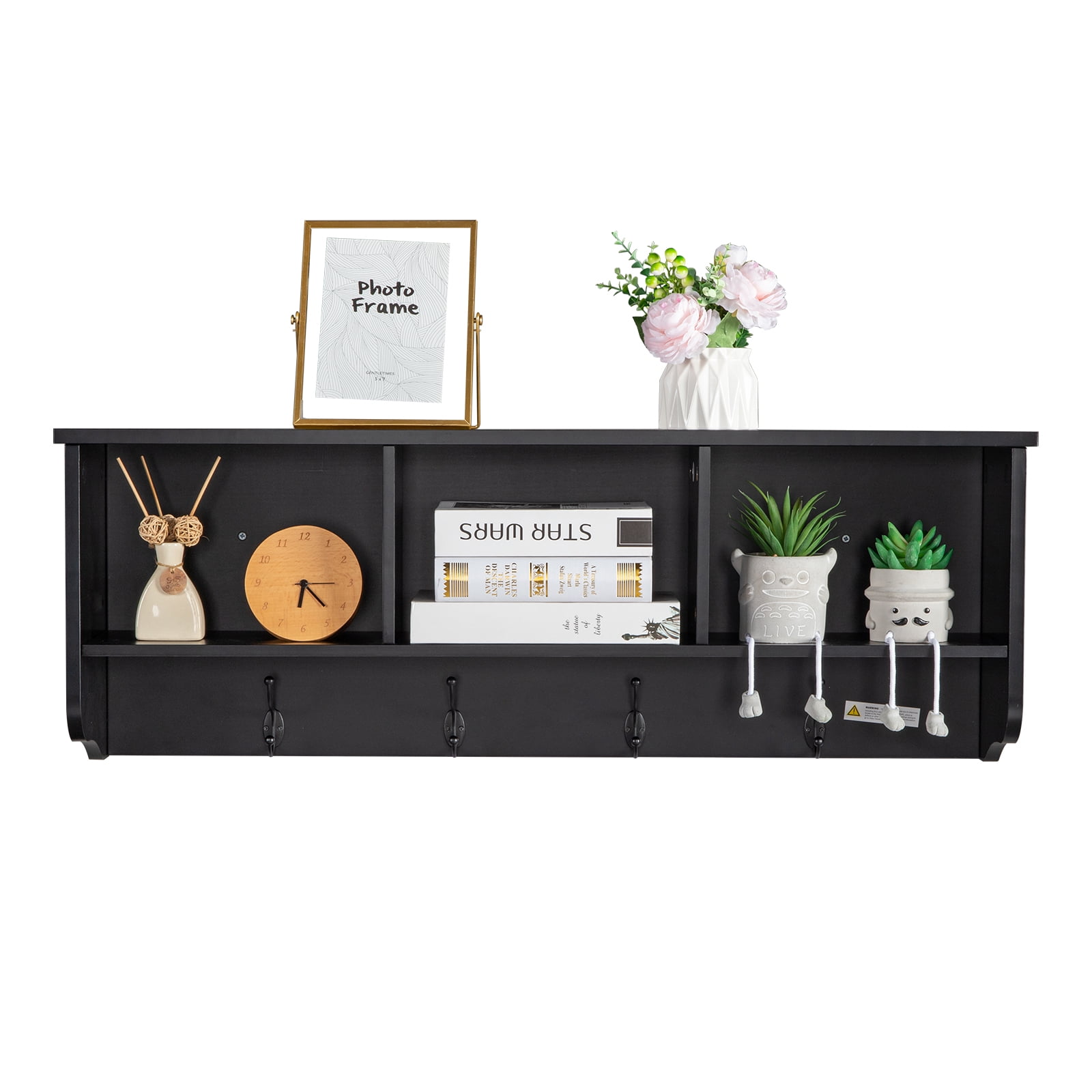 Kepooman Decorative Coat Rack for Wall Mount - Stylish Rustic Shelf with 3 Cubby and 4 Hook - Perfect Key Holder and Towel Rack to Simplify Your Home, Black Kepooman Decorative Coat Rack for Wall Mount - Stylish Rustic Shelf with 3 Cubby and 4 Hook - Perfect Key Holder and Towel Rack to Simplify Your Home, Black
