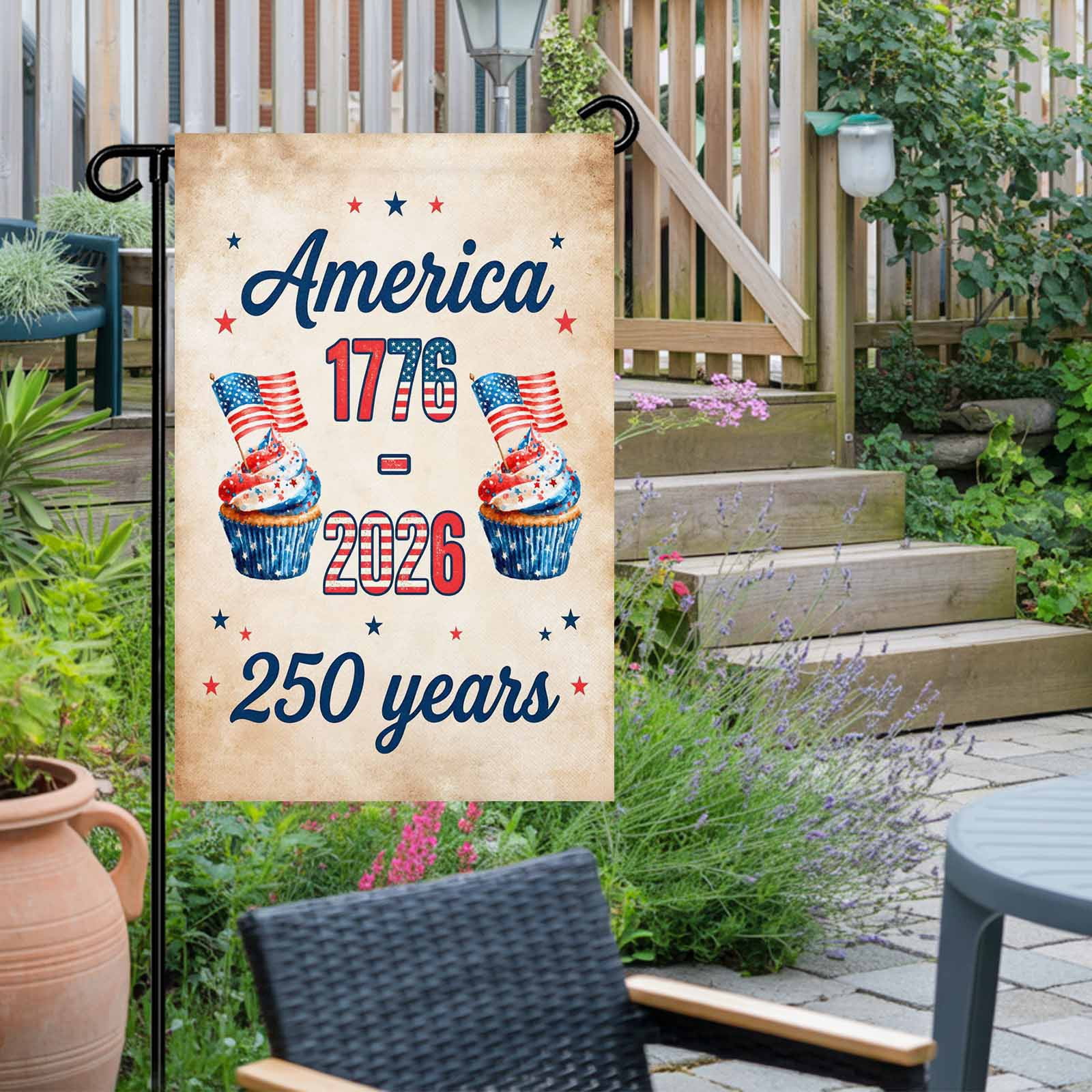 4th of July Garden Flags America 250 Years Garden Flag Double Sided Welcome Flag Cupcakes USA Flag Retro Independence Day Yard Flags for Outdoor Lawn Porch Memorial Day Holiday Decor 28x40 Inch