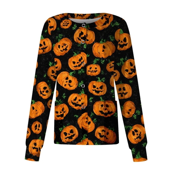 Domzest Halloween Holiday Women Scrubs Jacket Long Sleeve Pumpkin Ghost Bat Graphic Nurse Working Uniform Button Front Funny Medical Workwear Jacket Saffron XL