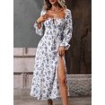 thumbnail image 2 of Robe Rétro Imprimée pour Femmes Boho Élégante à Lacets Fendue sur le Côté Robes Décontractées Aguichant Col Carré Manches Longues Robe de Plage Fête, 2 of 7