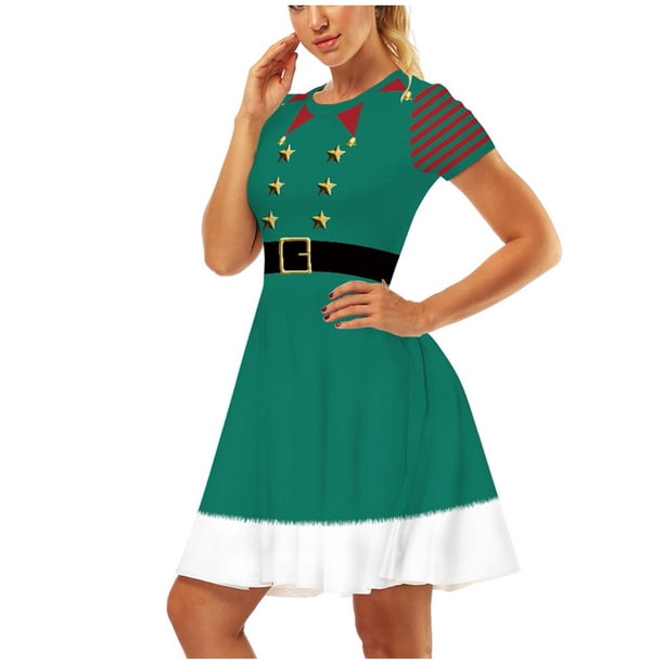 Vestido de fiesta con estampado retro de Navidad y cuello redondo para mujer Vestido de manga corta Pompotops ghjkhdj10105