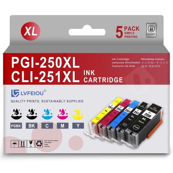 PGI-250XL CLI-251XL Ink Cartridges Compatible for Canon 250 251 Ink 250XL 251XL Ink Cartridges for Canon Pixma MG5420 MG5622 MG6320 MX922 IP7220 IP8720 Printers (5 Pack)