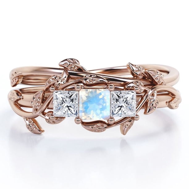 JeenMata 1 TCW de Piedra Lunar Azul de Corte Princesa y Moissanita - Vid y Hoja - Conjunto Nupcial de 3 Piedras - Baño de Oro Rosa de 18 K sobre Plata
