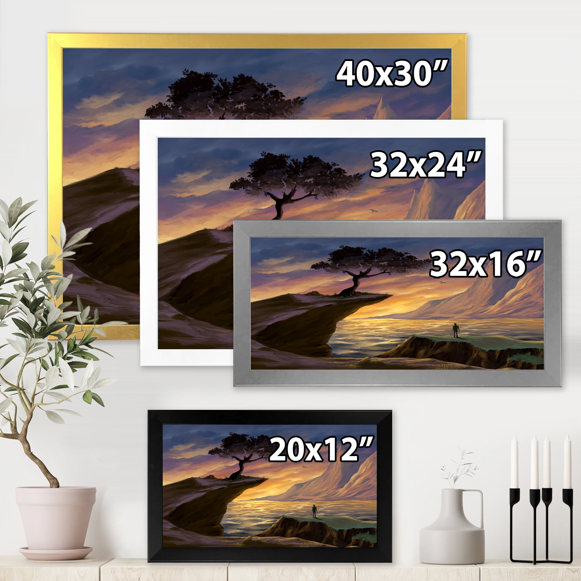 Designart 'Tree On A Sea Cliff At Evening Light' Lake House Framed Art Print
