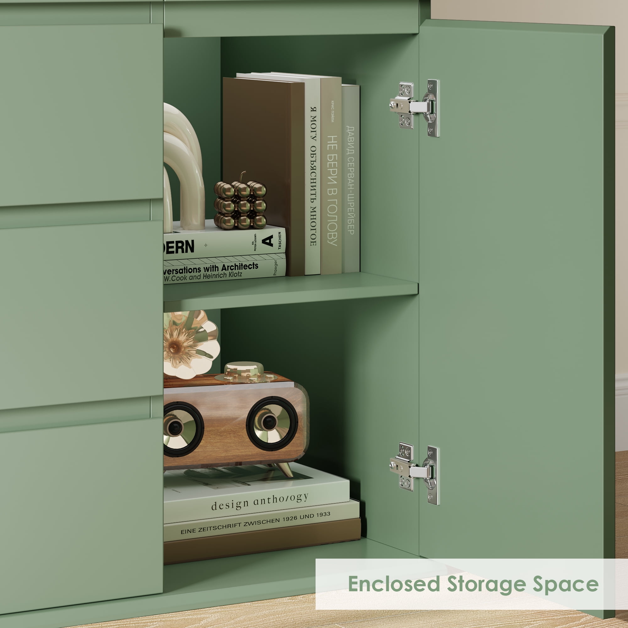 Homfa 5 Drawer Dresser with Door, Modern Accent Storage Cabinet Chests of Drawers for Bedroom Living Room, Green