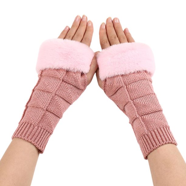 Guantes sin dedos tejidos para mujer, calentadores de brazo peludos con orificio para el pulgar para Otoño Invierno