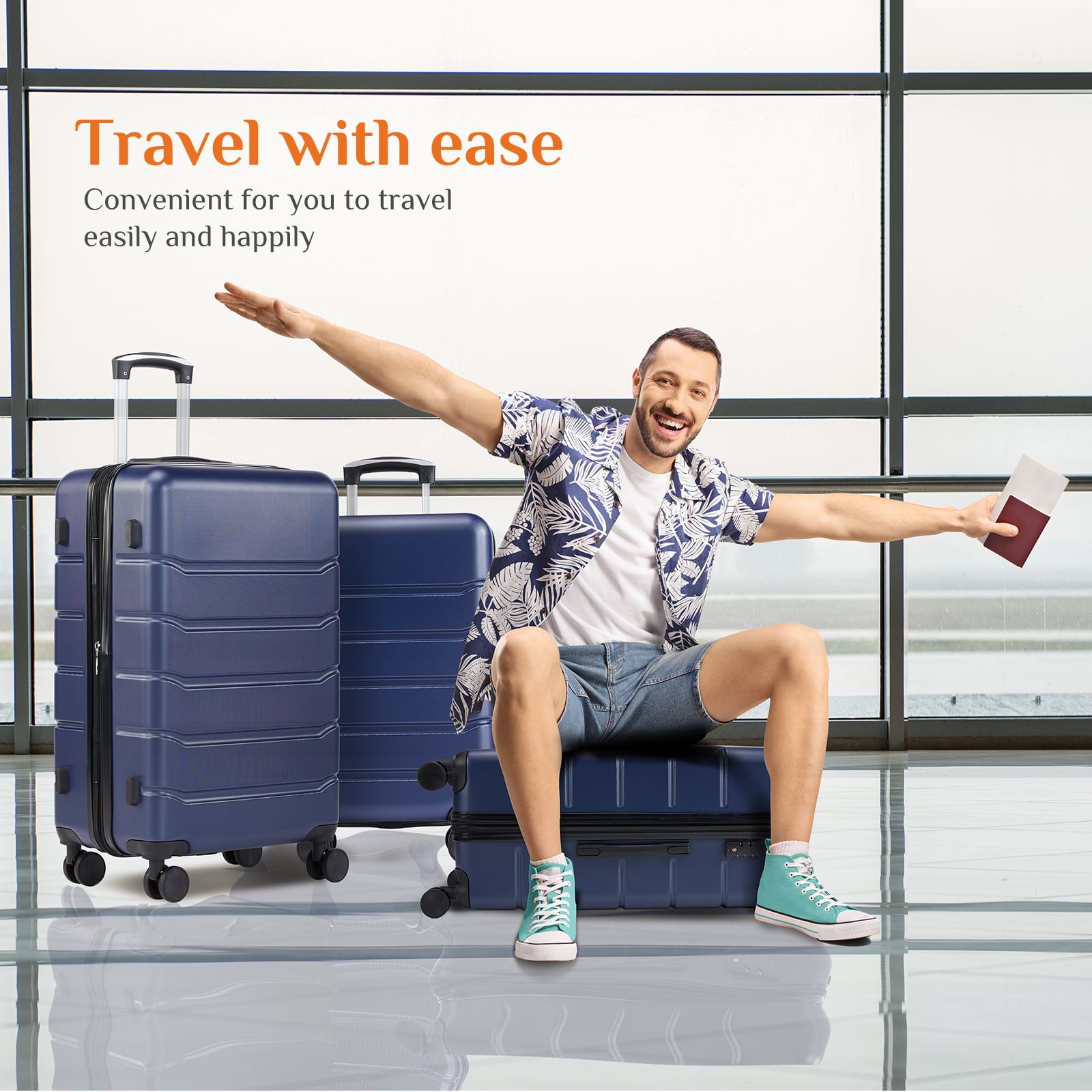 JIOABL 3 Pieces Carry On Luggage Expandable Hardside Suitcases with Rolling Spinner Wheels & TSA Lock, Blue