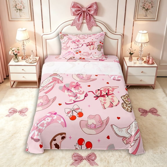 Manfei Western Cowgirl Hats Boots Twin Sheet Sets 3pcs for Girls Kids,Teens Female Cartoon Cherry Bowknot Bedding,Luxury Bedroom Decor