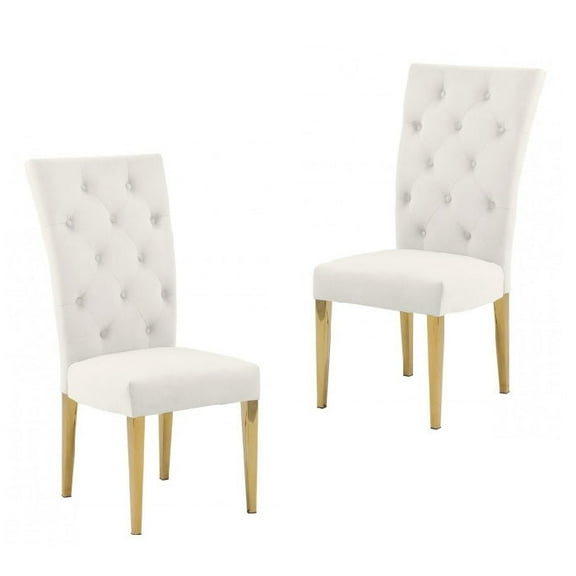 Modern Velvet Upholstered Dining Chair Set of 2, Tufted Back Kitchen Side Chair with Gold Plated Legs, Cream
