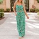 thumbnail image 4 of Conjunto de dos piezas con cintura alta elástica y blusa sin mangas fruncida para fiestas y uso informal, talla L, pantalón ancho con estampado floral verde, 4 of 8