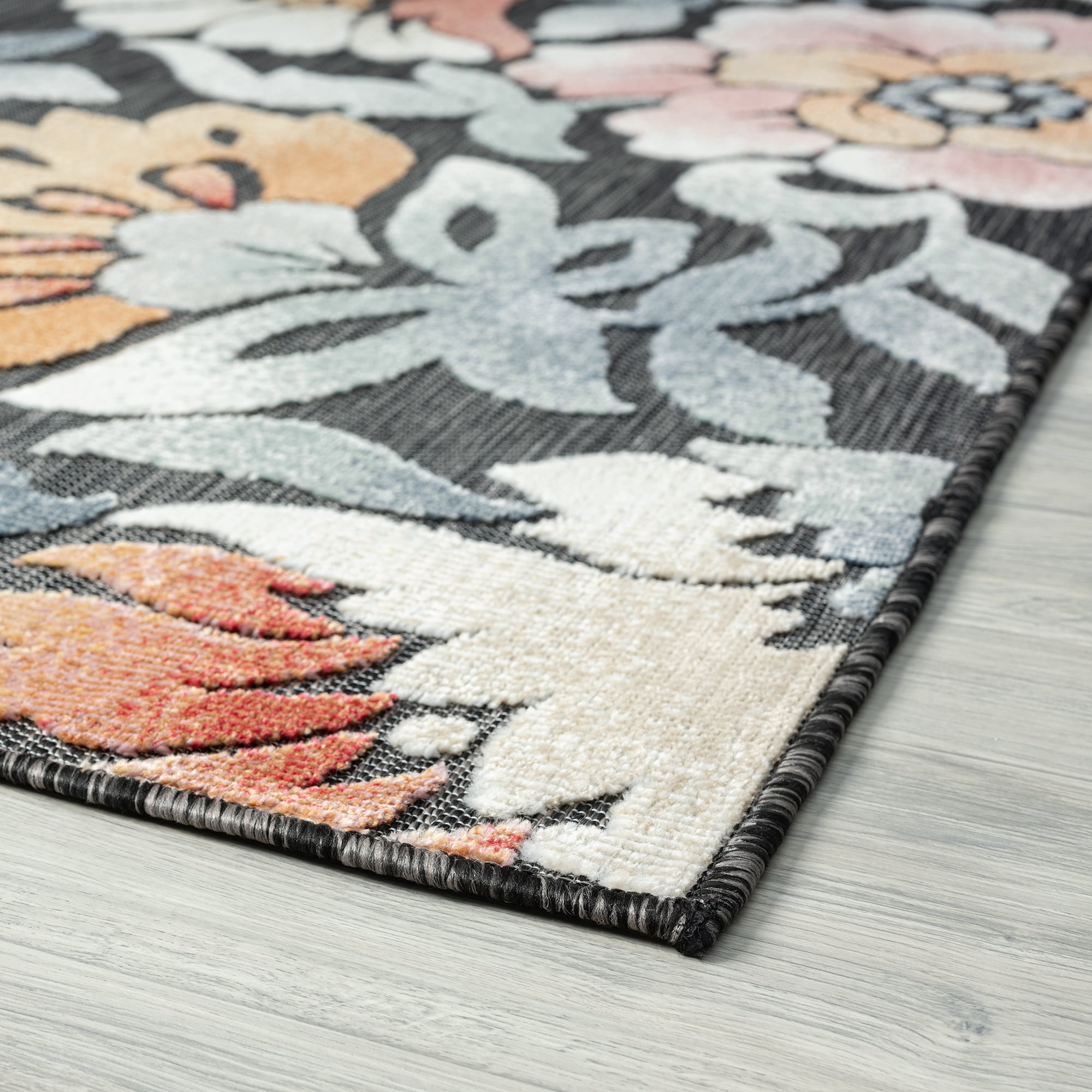 Bliss Rugs Floral Indoor Outdoor Rug Water Resistant Runner Rug for Patio, Hallway, Entryway, Deck, Black ,2' x 8'