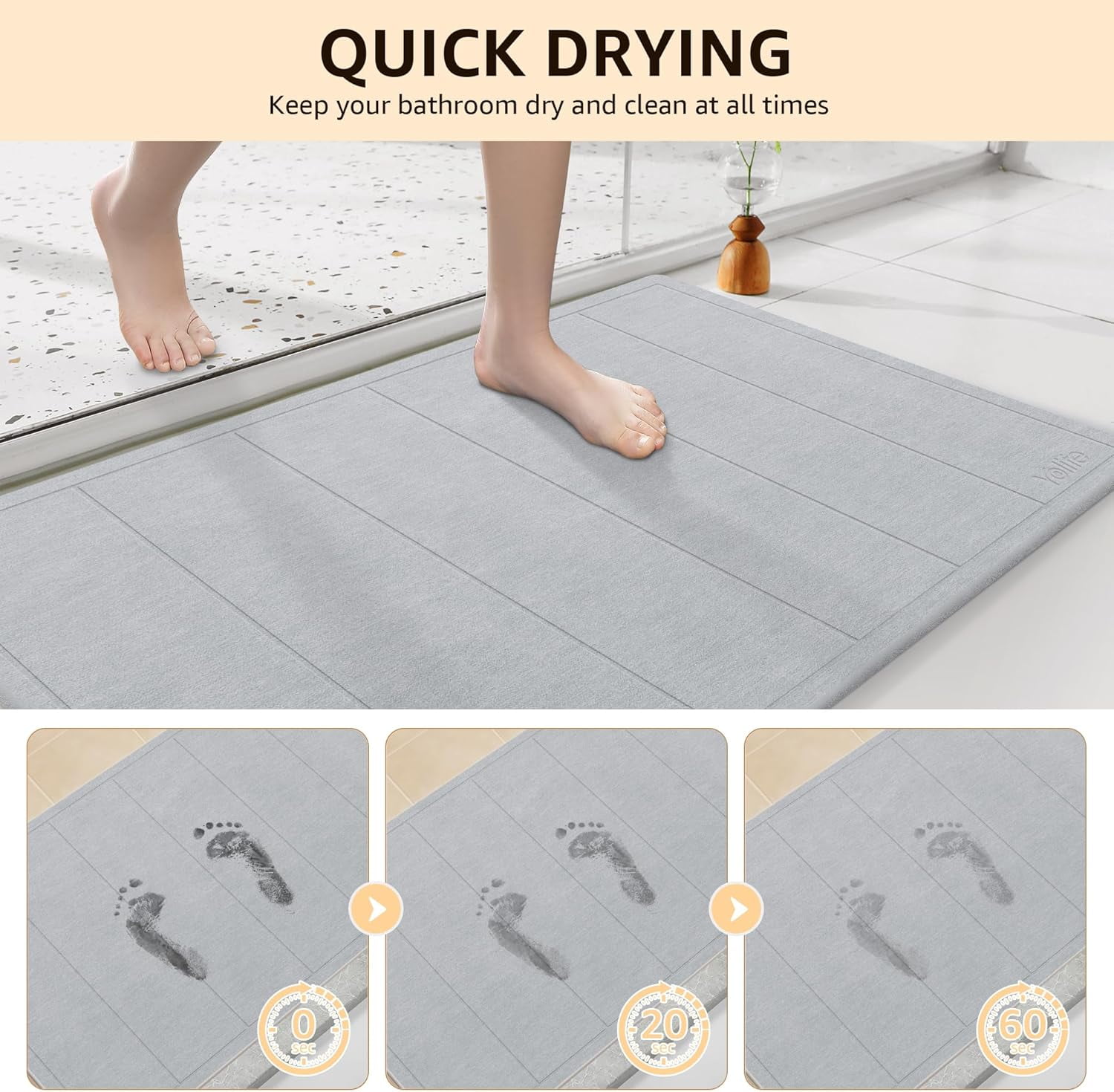 Yolife 32"x20" Diatomite Bath Mat, Super Absorbent Quick-Dry Bathroom Rug, Non-Slip Natural Diatomaceous Earth Mat for Shower, Kitchen, Entryway, Easy to Clean,Light Grey