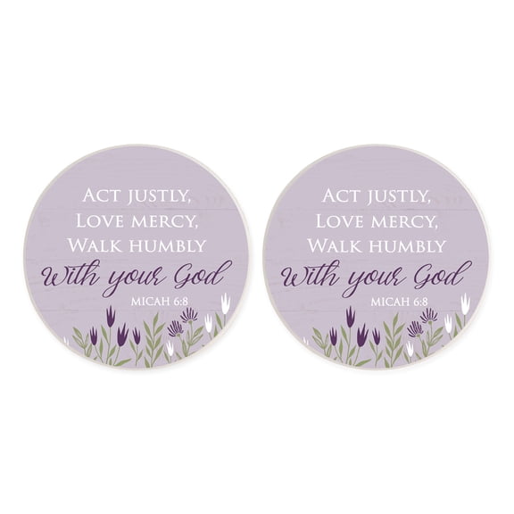 Act Justly Love Floral Purple 2.75 x 2.75 Ceramic Car Coasters Pack of 2