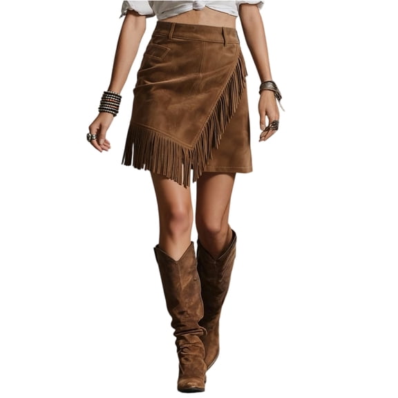 LWavelet Faux Suede Fringe Mini Skirt Women Western Style Fall Casual Trendy Stylish Bottoms Brown L