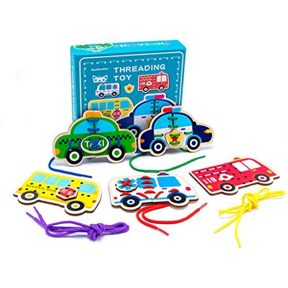 5 Pack Lacing Cards Wooden Cars Block Puzzle Threading Toys Montessori Toy Sewing Cards for Toddler Educational Preschool Toys