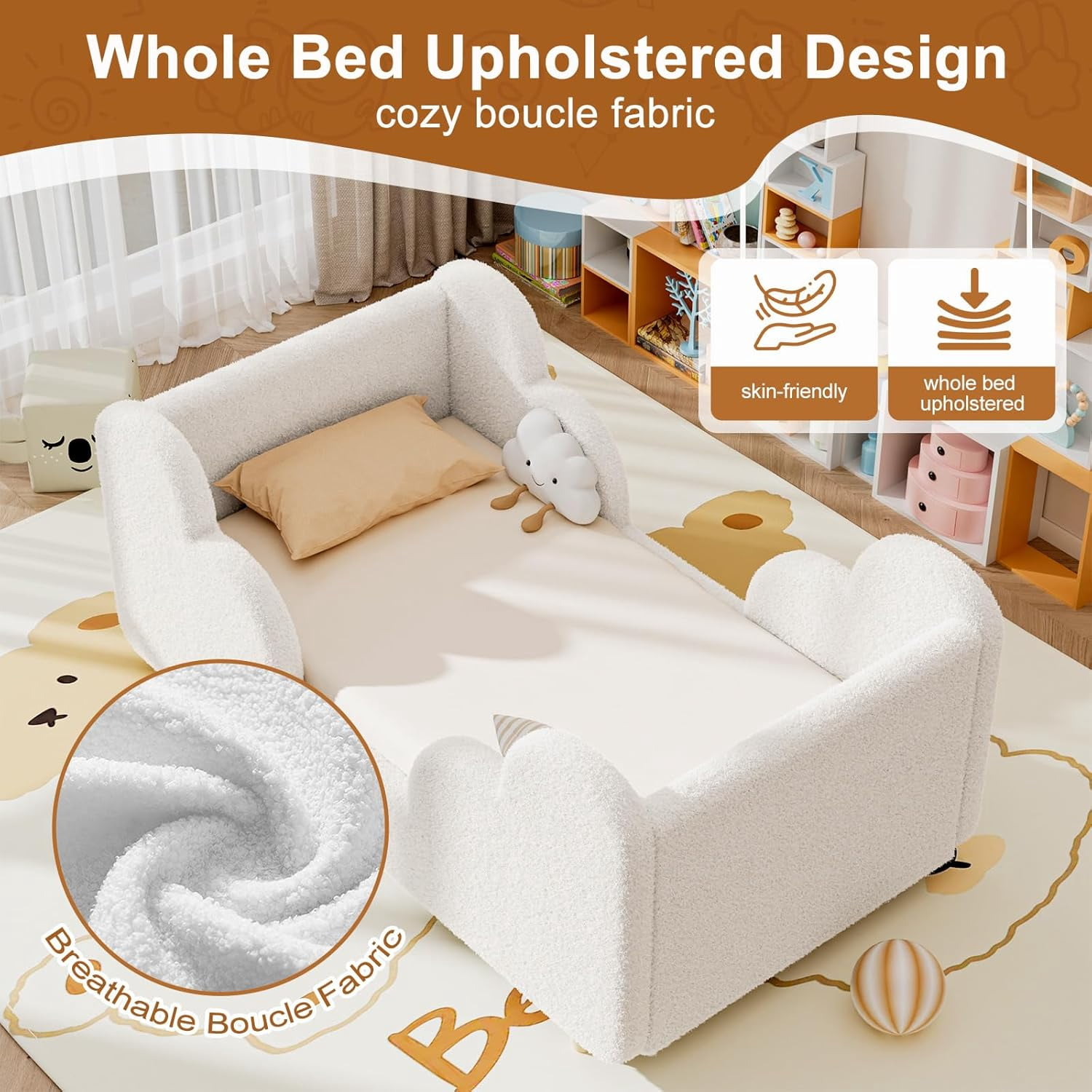 SLSY Toddler Bed,Warm White Child Bed for Kids with Extra Safty Broad,Certified Fabric Toddler Floor Bed,Standard Crib Size(Mattress Not Included)