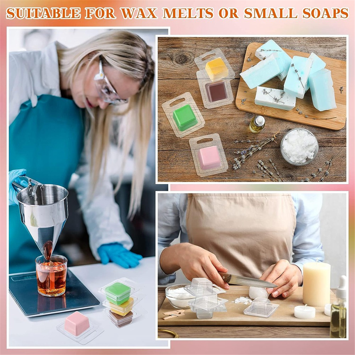 200 Pcs Wax Melt Molds Clear 1 Oz Square Candle Molds for DIY Chocolates Wax Melt Wickless Candles Soap M