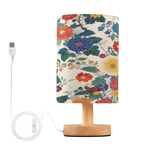 Yayeee Table Lamp for Bedroom Nightstand LED Portable Bedside Warm Light, Red Japanese Floral Pattern