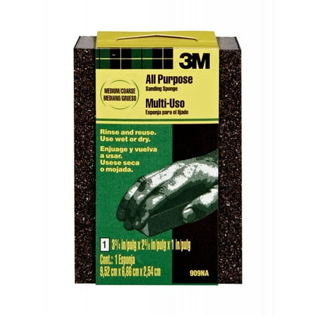 Hand Sanding Block - 3M All Purpose Sanding Sponge, 3.75 in. x 2.625 in. x 1 in., Medium/Coarse Grit, 1/Pack