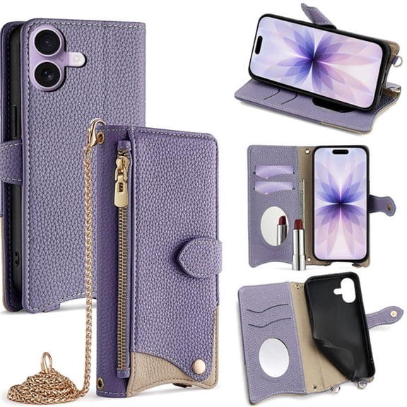 For Apple IPhone 17 PU Leather Wallet Case Magnetic Flip Cover Multi-Card Slots Zipper Pocket With Hidden Makeup Mirror,Detachable Metal Shoulder Strap,Purple,For iPhone 17