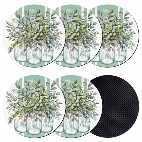 Sage Green Eucalyptus Leaves Coasters Set of 6, Absorbent Coasters for Drinks, Pastoral Summer Botanical Elegant Coaster for Desk Coffee Table Protection, Home Decor House Warming Gifts 4"