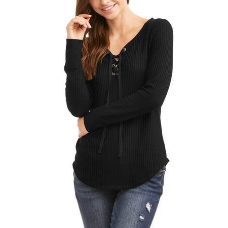 Faded Glory Women's Long Sleeve Waffle Knit Thermal Lace Up T-Shirt ...