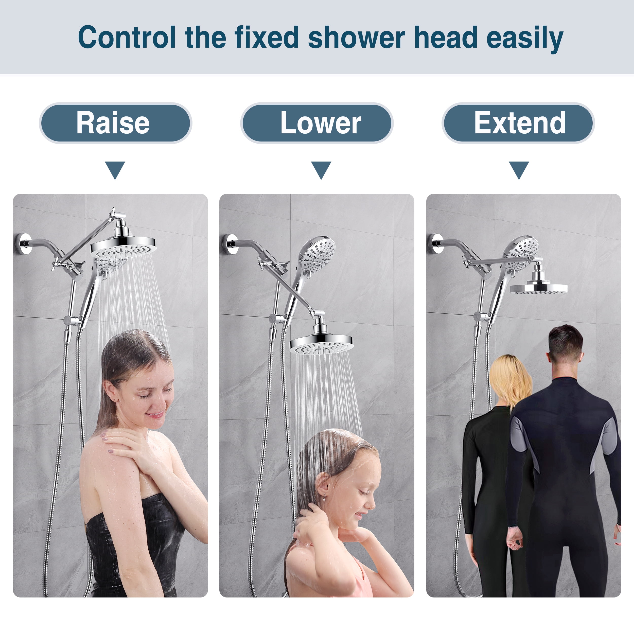 BRIGHT SHOWERS Rain Shower Head with Handheld Spray Built-in Power Wash, High Pressure Dual Shower Head with Height Adjustable Extension Arm, 3-Way Diverter, 9 Settings Handheld, 69" Hose, Chrome