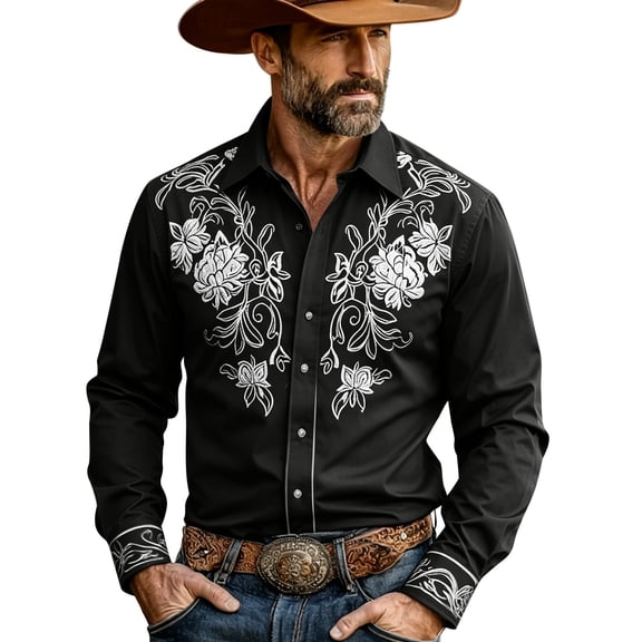 SXCXLSA Men Western Shirts Cowboy Embroidered Long Sleeve Button Collar Shirt Regular Fit Business Work Office Blouse With Floral Design Black L