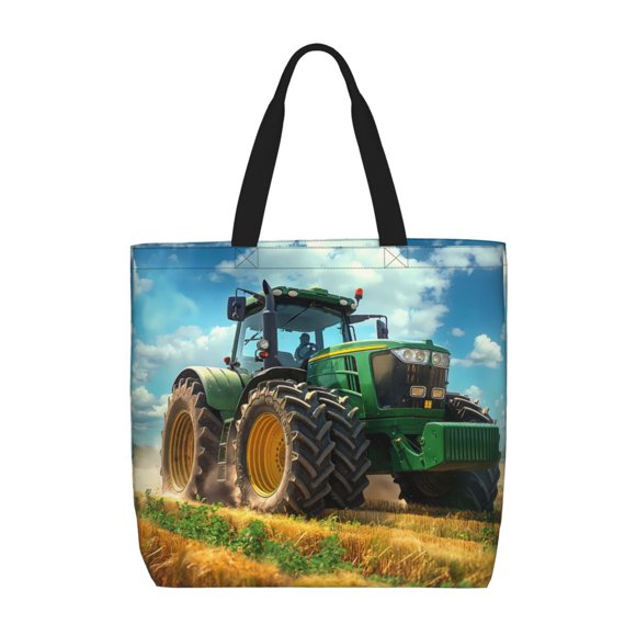 Sikiie Green Tractor Field Print Single Shoulder Bag, Large Capacity Zipper Handbag, Waterproof Shopping Bag, School and Work Shoulder Bag