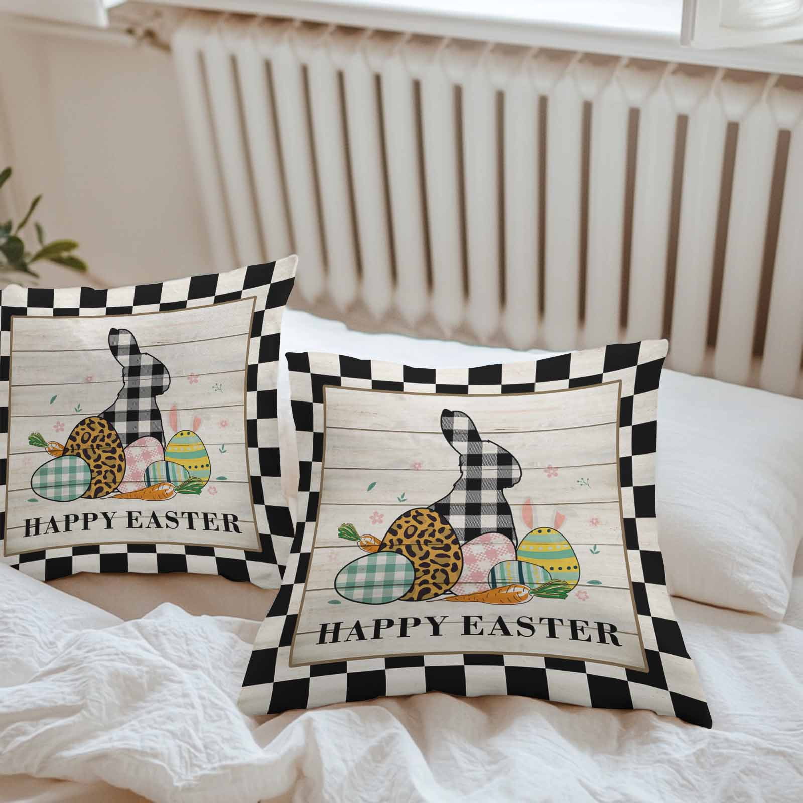 Outdoor Throw Pillows Covers 18X18 Set of 2 Waterproof Happy Easter Decorative Zippered Cushion Covers for Patio Furniture, Vintage Farm Check Plaid Rabbits Eggs Lumbar Pillowcases