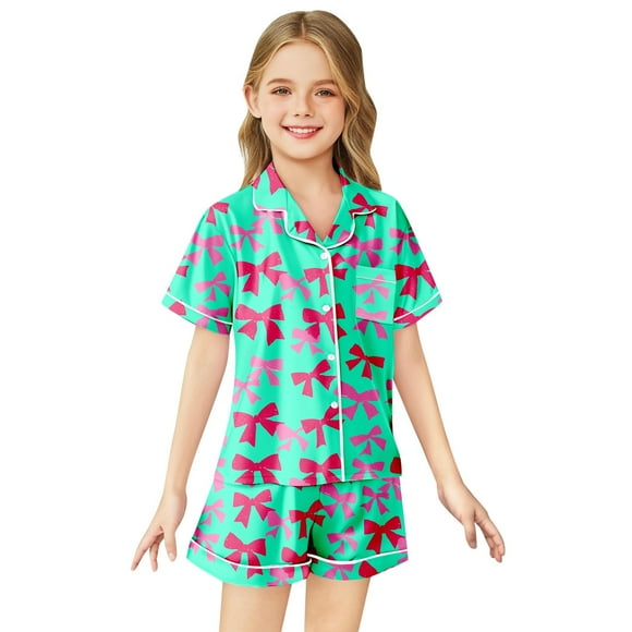 Kids Boys Christmas Pjs Printed Silk Pjs Short Sleeve 2 Piece Sleepwear Button-Down Christmas Outfit Funny Pajamas 4-5 Years