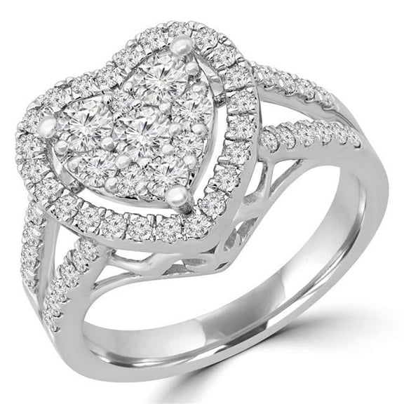 Majesty Diamonds MDR190066-4 0.9 CTW Round Diamond Split Shank Heart Cluster Halo Cocktail Ring in 14K White Gold - Size 4
