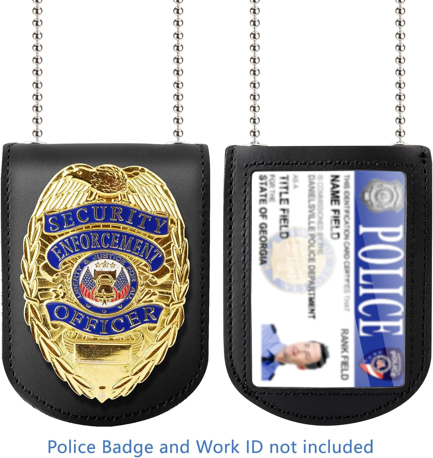 Police Badge Holder, Cowhide Leather Universal Police Badge Holder Pocket Case with Clear ID Window and Inside Card Slot, Hook and Loop Closure and Stainless Bead Chain Necklace - Rectangle