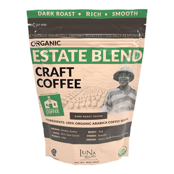Luna Roasters Organic Estate Blend Craft Whole Bean Coffee, Dark Roast