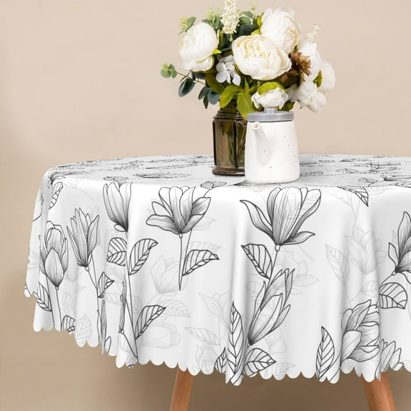 Nanqianyi Black White Floral Round Tablecloth 60 inch, Waterproof & Oil Kitchen Decor, Washable Table Cloth Cover