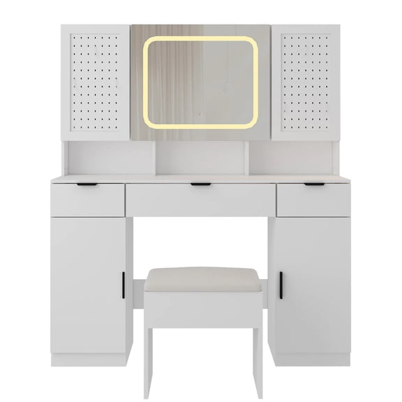 HAOYYE Large Vanity Table Set with LED Mirror & Adjustable Lighting – Makeup Desk Featuring 2 Pegboards, Hooks, Charging Station, Storage Shelves, Drawers & Cushioned Stool
