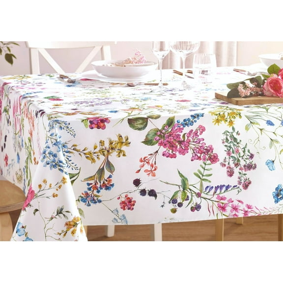 Sylvie Wildflowers French Country Acrylic Cotton Coated Tablecloth - 98X59" Rectangle - French Oilcloth Spill Proof Easy Wipe Off - Indoor Outdoor Party Decor Gifts.