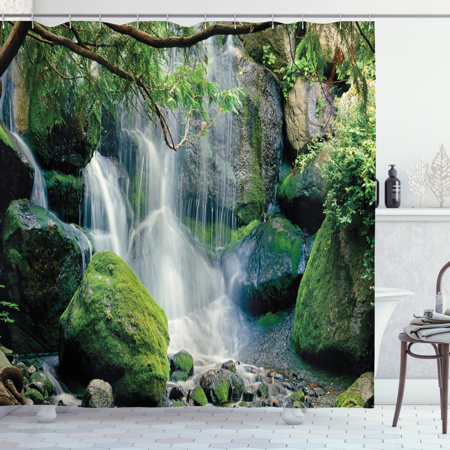 Nature Scene Shower Curtain, Natural Waterfall Flows on Rocks with Moss ...