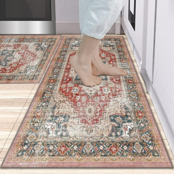 Boho Kitchen Rug Set of 2 Piece Non-Slip Vintage Rust Hallway Kitchen Runner Rugs and Mats Washable Kitchen Mats for Kitchen Floor Mat Carpet Runner Rugs for Hallway Laundry Decor 17”x30“ 17'' X 47''