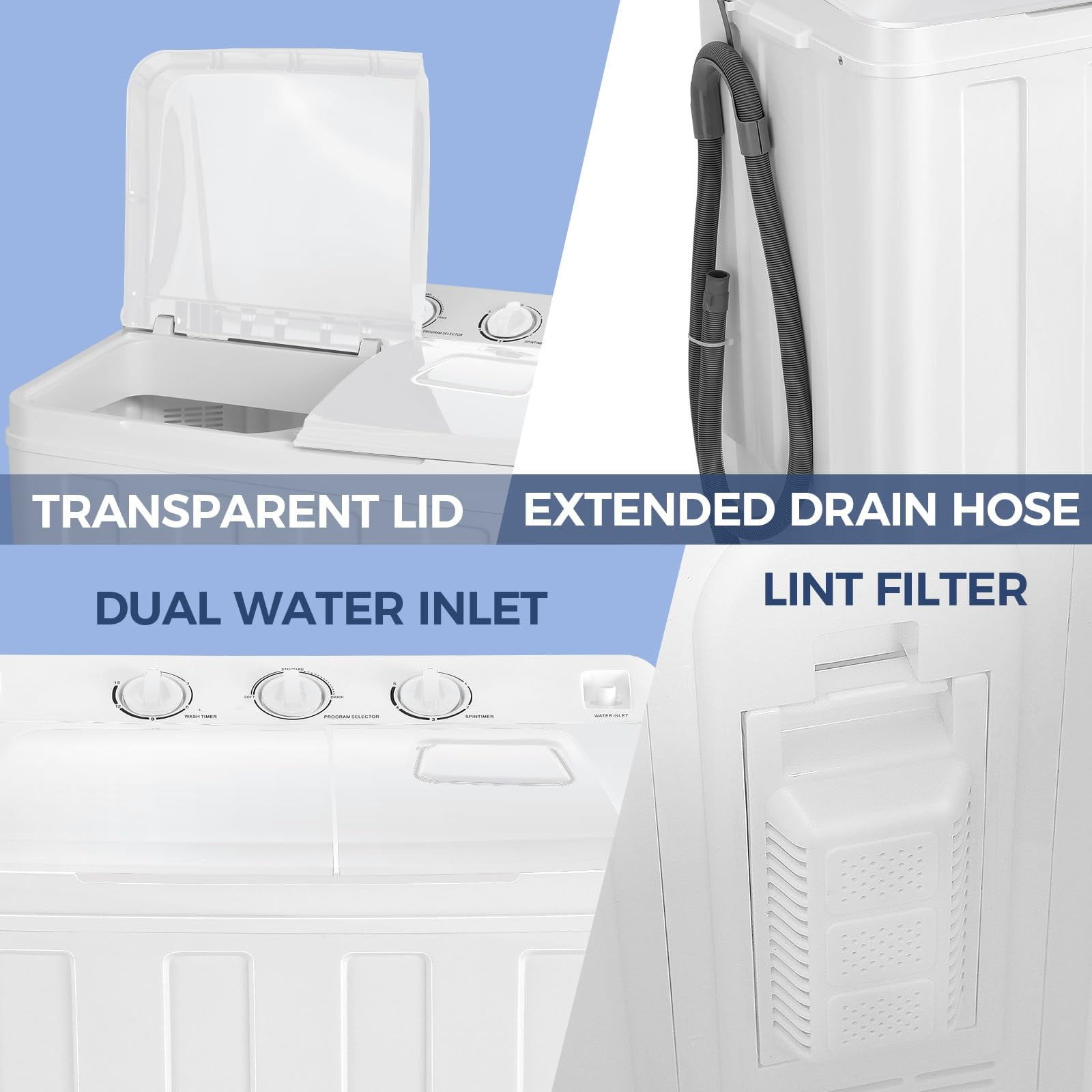 Veeboto Portable Washing Machine, 30LBS Twin Tub Mini Compact Laundry 19lbs Washer/11lbs Spinner with Drain Pump & Time Control Washer Spinner Combo, White