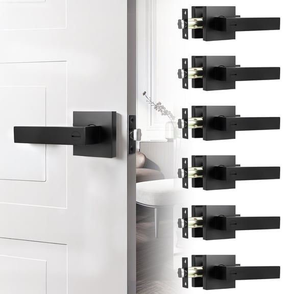 Anvazise 6 Packs Matte Black Door Handles Interior Door Knobs, Home Improvement Keyless Privacy Door Lock,Square Heavy Duty Door Handles Reversible Door Locks,Black