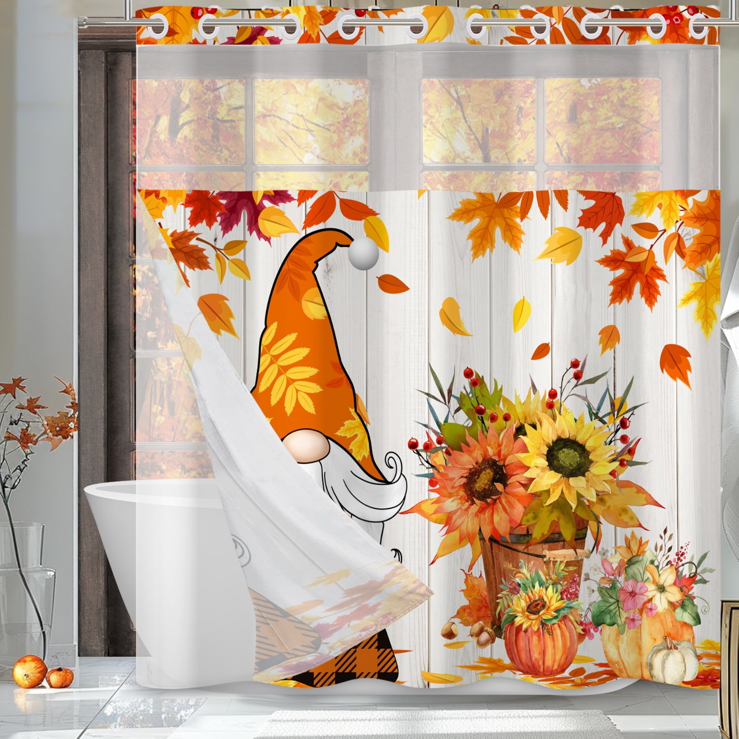MIZHONA Fall Thanksgiving Shower Curtain with Snap in Liner,Gnomes with Maple Leaves Fabric Bathroom Curtain No Hook,71"×74"