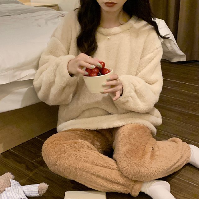 Pijama de felpa de invierno para mujer, de manga larga, de color liso, sencillo, de forro polar coral grueso, conjunto de dos piezas para el hogar