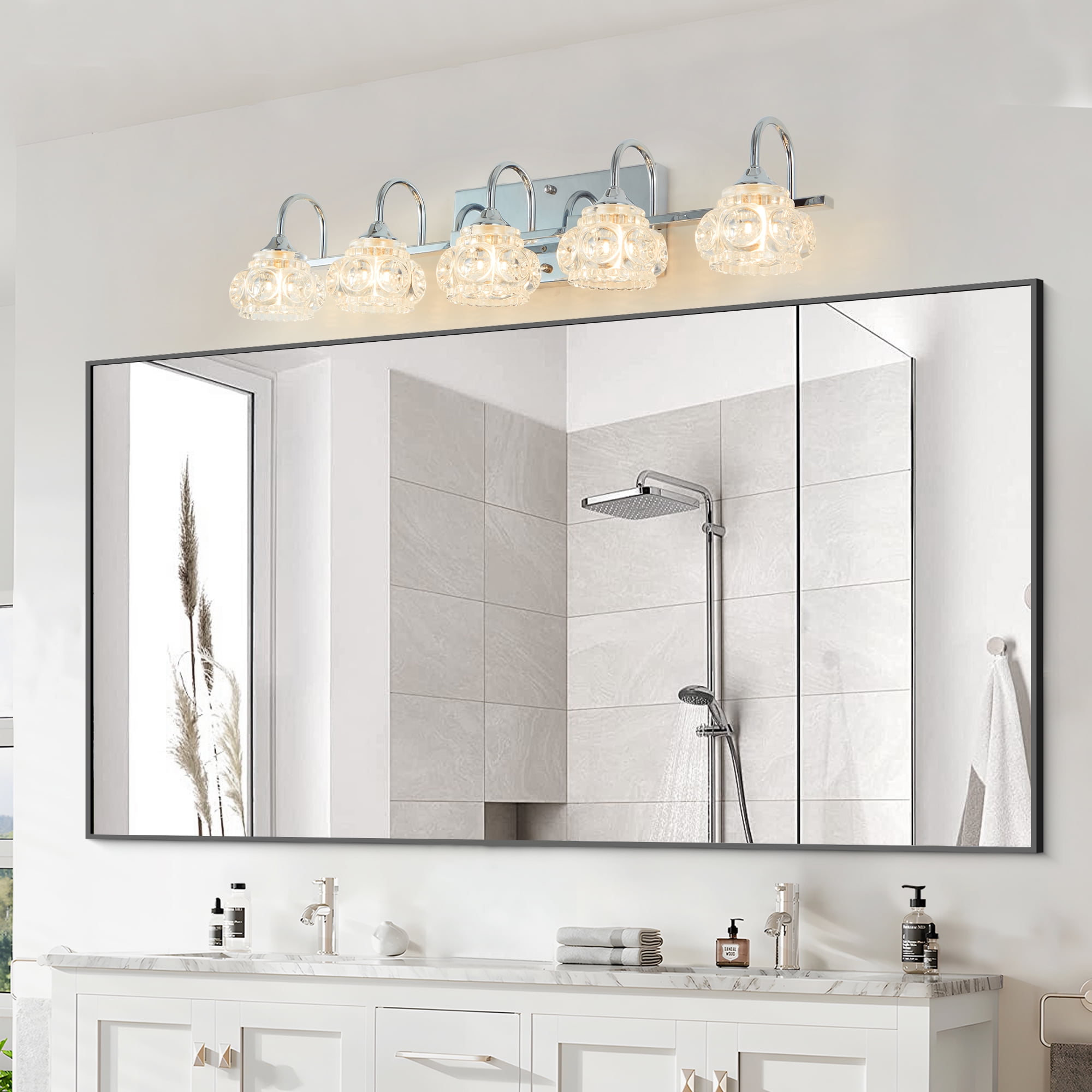 5-Light Bathroom Light Fixtures, Nickel Modern Bathroom 29.1in Vanity Lights with Flower Glass Shade, Bathroom Wall Lamp for Mirror Cabinet Porch, E12