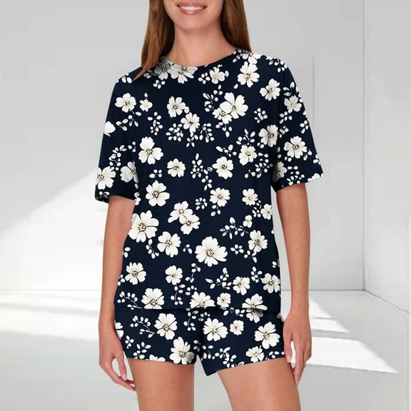 Pajamas Sets for Women 2 Piece Shorts Under $10 Casual Loose Printing Round Neck Short Sleeved Shorts Pajamas Suit